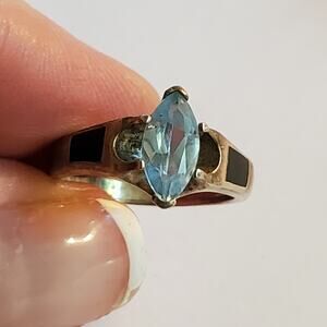 Vintage Sterling silver inlaid onyx band stone with marquise cut aquamarine 6